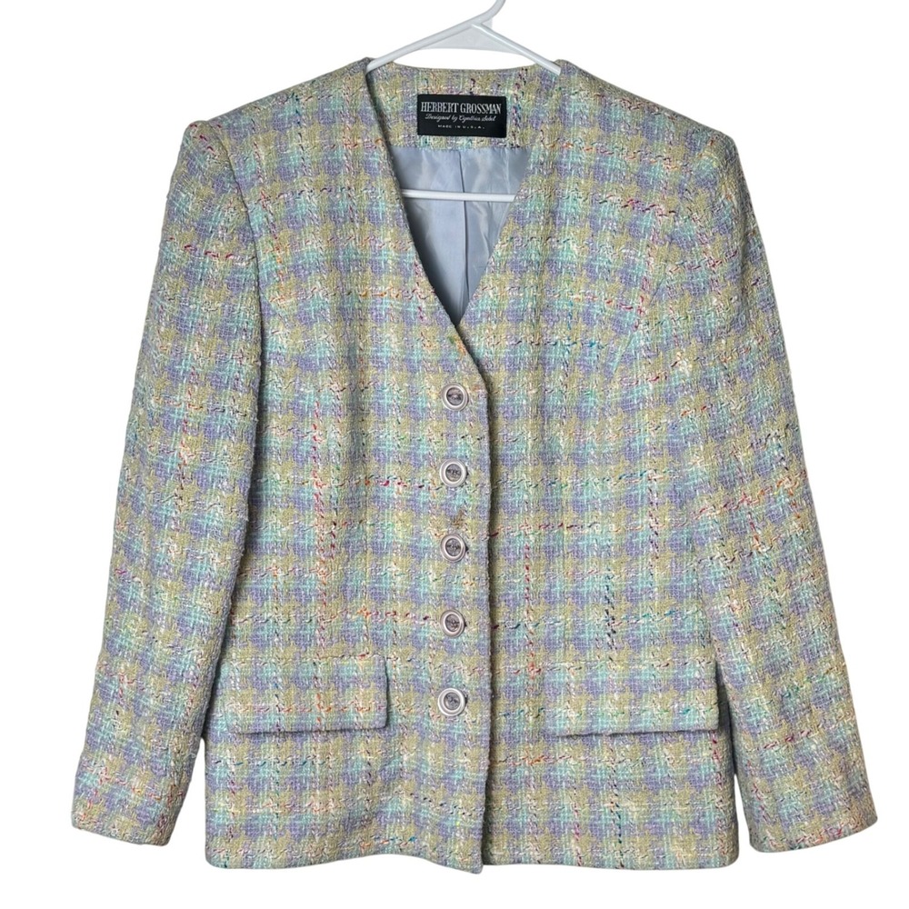 Herbert‎ Grossman Tweed Blazer Jacket V-Neck Button Union made Pastel Plaid